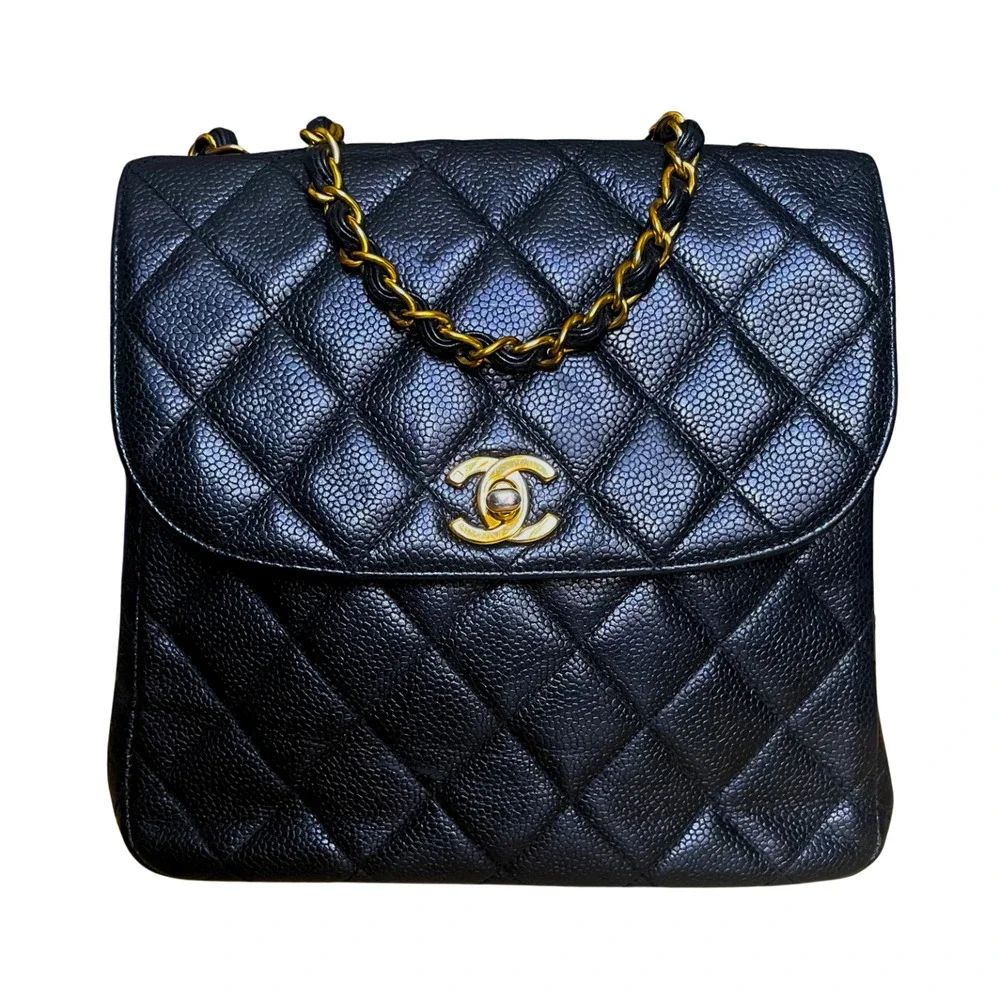 Chanel Caviar Medium Square Flap Crossbody Bag Classic Black Leather Gold CC
